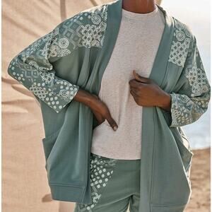 Garnet Hill NEW Green 3/4 Dolman Sleeve French Terry Kimono Relaxed Cardigan S
